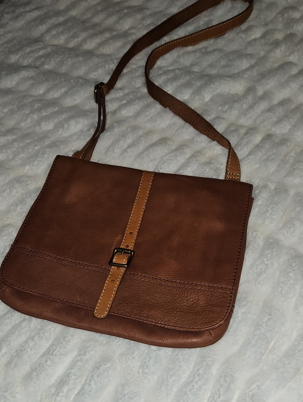 Brown Leather Crossbody Bag with Tan Accent - Fossil Bag